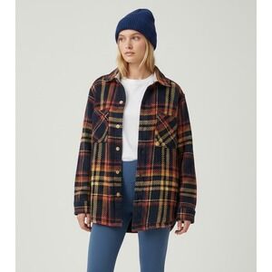 ROWM Women Plaid Shacket Size Medium Navy Orange Yellow Button Front Jacket